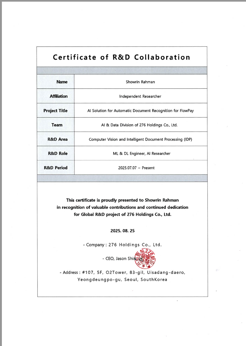 Certificate of R&D Collaboration — FlowPay, 276 Holdings Co., Ltd.